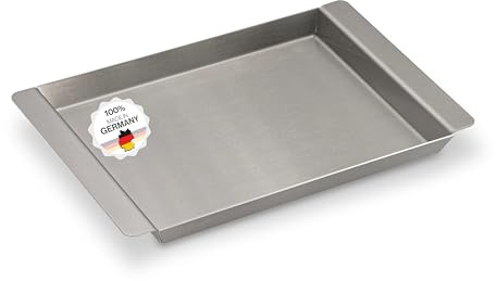 Serviertablett Edelstahl Rechteckig - Für Speisen, Snacks, Kaffee & Kuche - Tablett mit Griffen - Auch als Servierplatte, Partyplatte, Küchentablett - Anrichteplatte (30 x 22,5 cm)