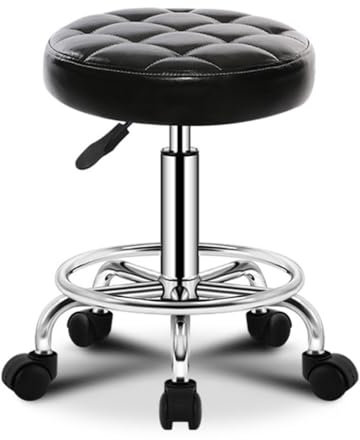Verstellbarer Drehhocker mit Fußstütze und Rädern, PU-Leder, Rollhocker für Spa, Salon, Tattoo, Büro, bequemer, gepolsterter Sitz (schwarz)