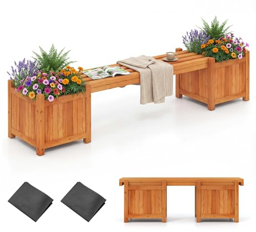 COSTWAY 3-in-1 Wooden Planter with Bench, Raised Garden Bed with Seat and Open-ended Bottom, Teak Oil Finish Outdoor Bench with 2 Flower Box for Patio Backyard Balcony (Orange, 170 x 35 x 35cm)