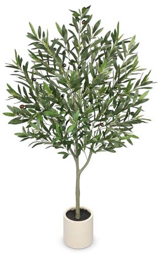 Hollyone Faux Olive Tree with Pot 4.2FT Small Fake Olive Tree Indoor 50.4inch with Natural Wood Trunk and Lifelike Fruits Potted Artificial Tree Plant Home Office Modern Housewarming Decoration Gift