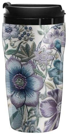 Stanley-Kaffeetasse mit Deckel, 340 ml, Kunststoffbecher, versiegelter Trinkdeckel, Wasserbecher, Teetasse, blaue, violette Blumen, bedruckte Tassen, passt in Auto-Becherhalter