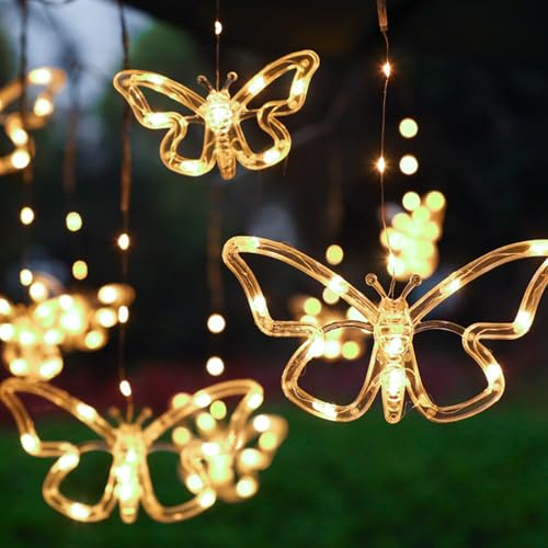FUFRE Schmetterling Solar Lichterkette für Außen, 120 LEDs Solar Schmetterlinge Lichtervorhang mit 8 Modi und mit 10 Haken, Solarlampen Garten Hängend Wetterfest, Lichterketten Vorhang für Balkon
