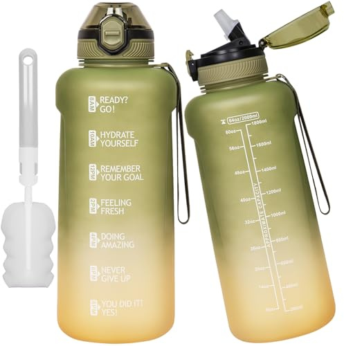 DEARRAY Tritan Trinkflasche 2l mit Strohhalm & Zeitmarkierung, 2 liter BPA-frei Große Wasserflasche mit Uhrzeit Motivierende Sportflasche für Fitness & Gym
