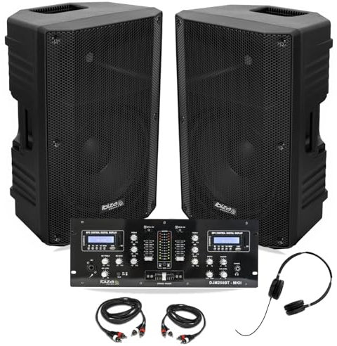Ibiza - 2 x Ibiza XTK12A-MKII Lautsprecher 12 Zoll 500 W – Mischpult Bluetooth DJM250BT-MKII USB – Kopfhörer – Kabel – DJ Abend Party