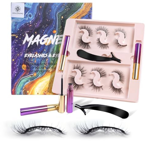 Houldhowd Magnetic Eyelashes Kit - 6 Sets Reusable Natural Look, No Glue Needed, with Applicator, Easy to Wear/Remove, Suitable for Daily/Party/Work (Fashionable Natural Style)