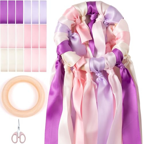 Sonekin Nastri Colorati, Confezione da 18 Nastri di Raso Bifacciali, Inclusi Anelli di Legno, Nastrino per Bomboniere Adatto per Bouquet da Sposa, Decorazioni per Feste(Rosa)