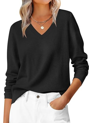 Hotouch Maglione da donna con scollo a V, a maniche lunghe, maglione basic leggero, largo, per autunno e inverno, caldo, taglie S-XXL, Nero , S