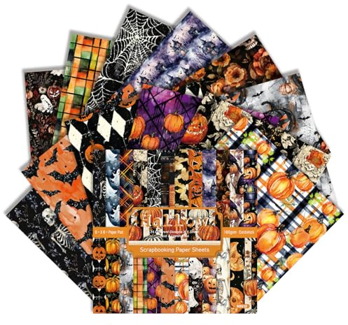 【24 Blatt Halloween Scrapbook Papier】 15,2 x 15,2 cm, 24 Designs von einseitigen Hintergrundmusterseiten für Scrapbooking, Junk-Journals, Decoupage, Mix-Medien, Collagen und andere Papierbasteleien (F
