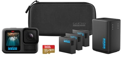 GoPro HERO13 Black Extended Power Bundle – Dualladegerät, 3 Enduro Akkus, 1 Gebogene Klebehalterung, MicroSD-Karte mit 64 GB, Befestigungsclip + Flügelschraube, 2 USB-C-Kabel, Kamera-Case