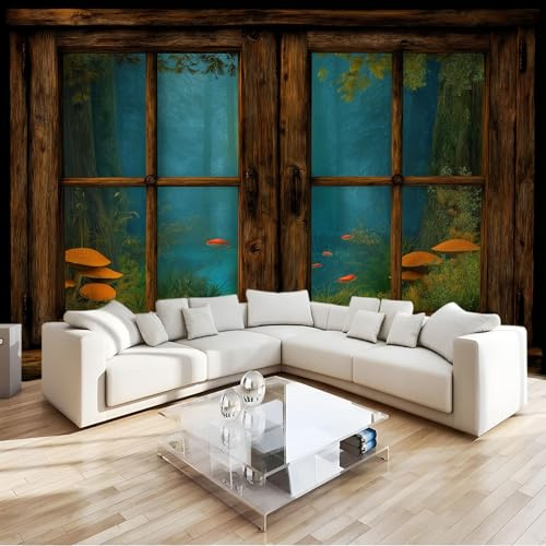 Estilo De Fantasía Murales De Papel Pintado 200 x 140 cm, Fotomurales Pared Tejido No Tejido Ventana Con Marco De Madera Peces Del Bosque Decorativos Murales póster para Dormitorio Salón TV Pared