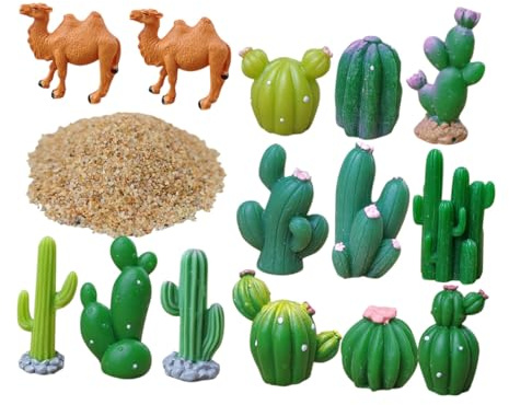 Zerodeko Simulation Cactus and Camel Figurines Set with Fine River Sand, Resin Miniature Artificial Greenery for Office Desk and Bedroom Decor, DIY Desert Scene Plant Accessories, 5pcs Collection
