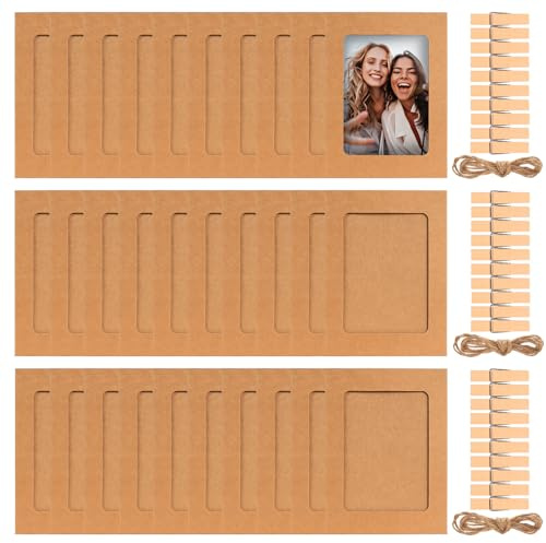 NPSPVOK 30 Pcs Cadre Photo Carton, Cadre Photo en Papier Kraft avec Pinces à Linge et Ficelle, Guirlande Photos, Guirlandes Photos pour décoration de Chambres à Coucher, Murs de salles de Classe