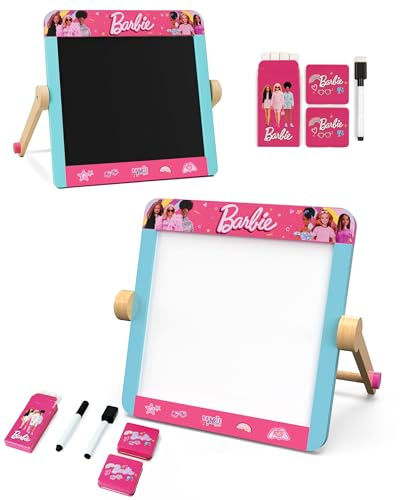 Barbie 2-in-1 Writing Board - Double-Sided Blackboard & Whiteboard with Pen, Eraser & Chalk – Wooden Art Board for Kids Creative Play - Tabletop Easel