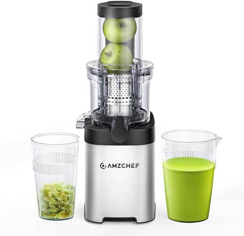 AMZCHEF Cold Press Juicer, Juicers Machines - 3.2 Large Feed Chute for Whole Fruits & Vegetables, Stainless Steel Slow Masticating Juice Easy to Clean, Large Auger, Double Strainers