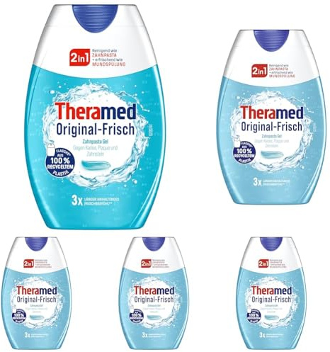 THERAMED Fresca originale 2 in 1, pulisce come dentifricio + rinfrescante come il risciacquo, 75 ml (Confezione da 5)