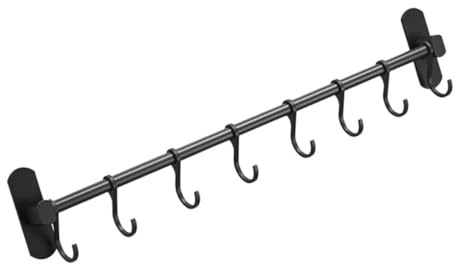SHINEOFI Support de Rangement Mural en Aluminium 50 Cm 8 Crochets Noirs sans Perçage, Barre Suspendre Cuisine Polyvalente, Crochet Suspendre Mobile pour Accessoires la Cuisine
