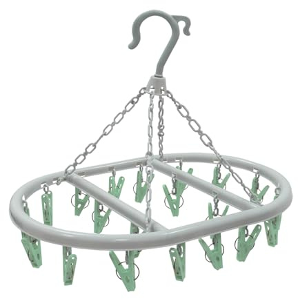 JVL Oval Sock Dryer with 20 Pegs – Hanging Laundry Drying Rack – Light Grey Frame with Green Clips – Indoor & Outdoor Airer