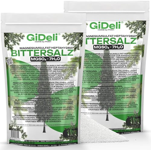 GiDeli Bittersalz Magnesiumsulfat 2 x 1 kg Dünger für Koniferen & Thuja | gegen gelbe Blätter, wasserlösliche Kristalle, getrennt verpackte Portionen, für Blattdüngung und Gießen