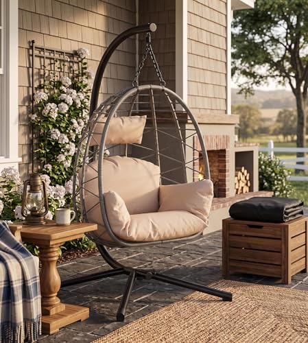 Silla Colgante con Soporte Metálico - Columpio Huevo 150 kg Cojines Incluidos - Estructura Estable para Jardín, Balcón o Patio - Hamaca Colgante Exterior Gris,Beige
