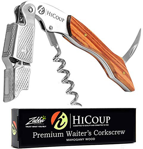 HiCoup Korkenzieher Wein-Öffner und Folienschneider - Profi-Kellnermesser aus Edelstahl für Sommeliers, Servierkräfte & Barkeeper - Mahagoniholz
