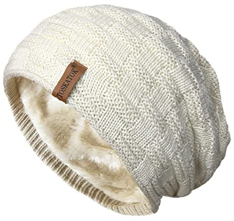 TOSKATOK® Bonnet Unisexe Chaud pour Homme en Tricot texturé à Isolation Thermique avec Doublure en Polaire en Fausse Fourrure Confortable-Taille Unique-Ecru