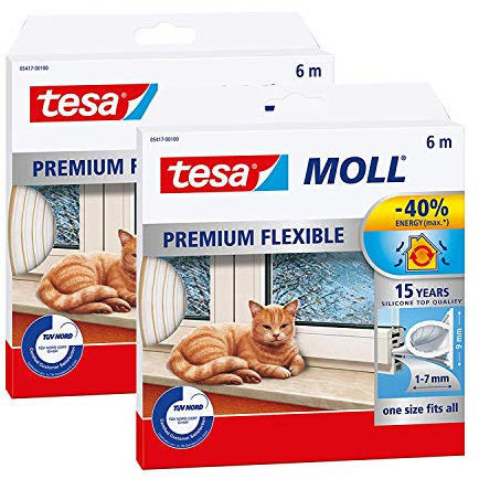 tesamoll Premium Flexible - Selbstklebende Silikondichtung zur Isolierung von Spalten an Fenstern und Türen - transparent - 6m x 9mm x 7mm (2 Stück)