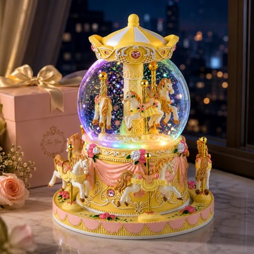 Music Box Carousel Horse Snow Globe with Colorful Lights, Christmas Anniversary Birthday Gift, for Girls, Daughter, Women, Mom, Granddaughter, Plays You are My Sunshine