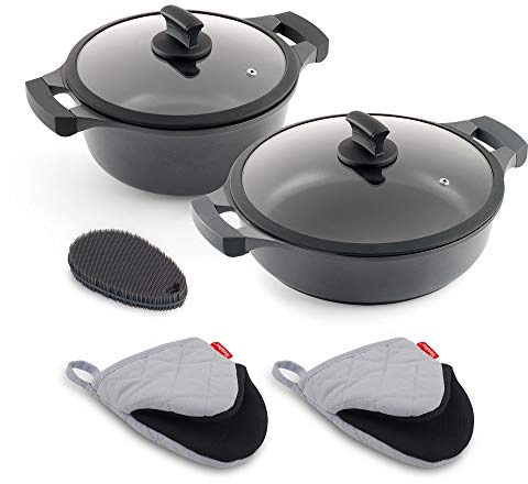 Metaltex Xpert 2-teiliges Set aus Aluminiumguss (hoher Kochtopf 24 cm und niedriger Topf 28 cm) inkl. Waschlappen und Silikonschwamm