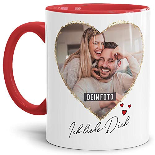 Tasse mit Spruch - Ich liebe Dich - zum Selbst gestalten mit zwei Fotos in Herzform - Geschenkidee für den Partner, Innen & Henkel Rot, 300 ml