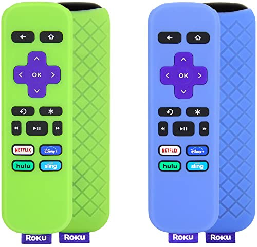 Pinowu Fernbedienung (leuchtet im Dunkeln), kompatibel mit Roku Simple Remote, rutschfeste Abdeckung, geeignet für Roku Express und Roku Premiere Player-Fernbedienung (Blau + Grün), 2 Stück