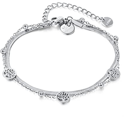 VICKWOOD Lebensbaum Fußkettchen für Damen bis 30cm Edelstahl - Armband Damen Gold 17cm Schwarz/Rosegold/Silver - Fussketten für Frauen Gold - Fußkette Damen