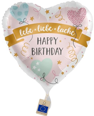 Folienballon Happy Birthday Rosa Herz „Lebe Liebe Lache“ – Geburtstagsballon für Frauen & Mädchen, Geschenk & Deko, Helium geeignet, Made in EU