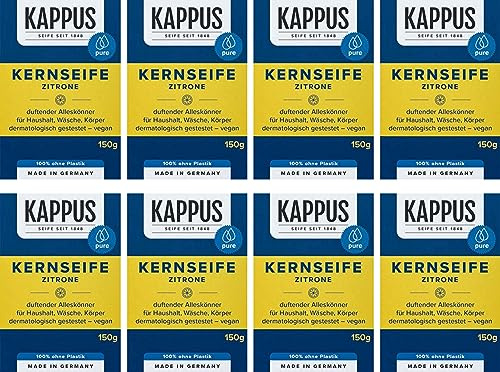 Kappus Kernseife Zitrone – 8er Pack (8 x 150g) | Zitronenduft | Pflanzliche Seife für Hände & Körper | Ohne Mikroplastik | Made in Germany