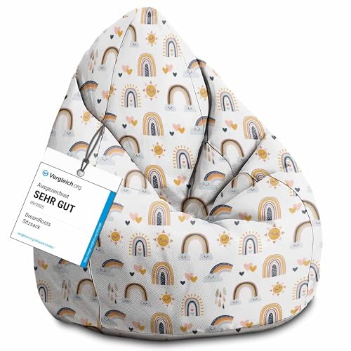 DreamRoots Sitzsack Kinder 80x80x120, Cartoon Rainbow and Sun | Bean Bag Kinder mit Lehne, Hocker & Bezug, Sitzkissen Boden, Bubibag, mit Füllung, Kinderzimmer