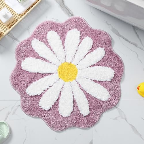 Bonita alfombra de baño, alfombra de flores rosas, antideslizante, absorción de agua, suave, lavable a máquina, para dormitorio, cocina, baño, suelos de inodoro, 25.6 x 25.6 pulgadas (morado)