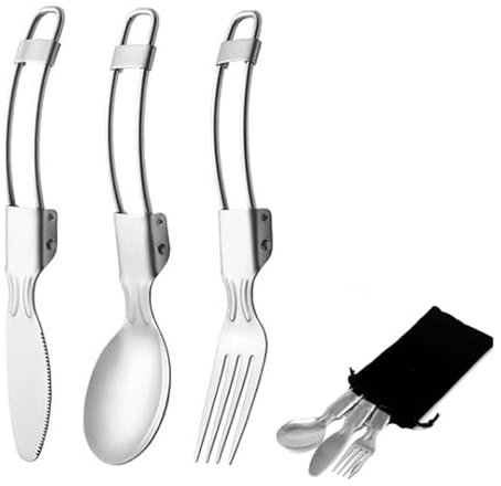 Couverts de Camping Pliable,Couvert Camping,Vaisselle Pliable Et Ultra-Légère Trois En Un,Comprend Un Sac En Nylon Noir,Très Adapté Pour Les Voyages De Pique-Nique En Plein Air