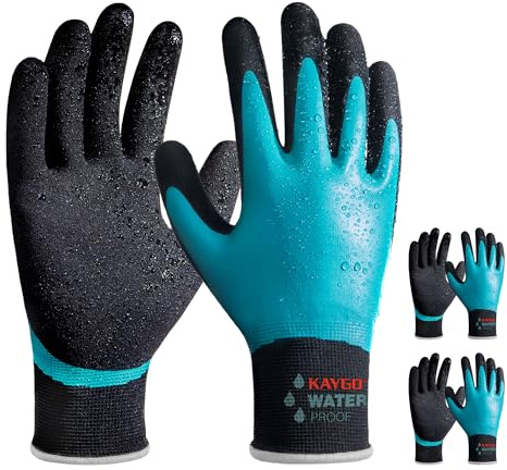 KAYGO gants de travail imperméables pour hommes et femmes avec double revêtement en latex, antidérapante grip pour jardinage, lavage de voiture, pêche, nettoyage, KG150 (Bleu, XL, taille 10, 3 paires)