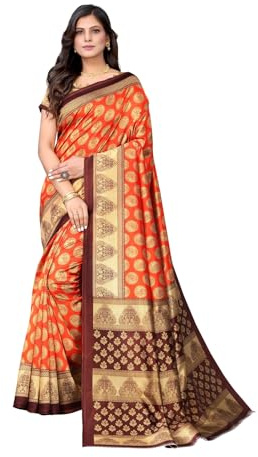 IMTRA FASHION Sari tradicional de seda para mujer india con blusa sin costuras, Naranja y Marrón, L