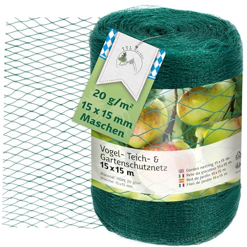TTL GARDEN 15x15m Vogelschutznetz Gartennetz Teichnetz grün 20g/m² - 15x15mm feinmaschig 3-Fach gewebtes HDPE Obst & Obstbaum Netz Gemüse Schutznetz Vogelabwehr Netz, reißfest dehnbar robust