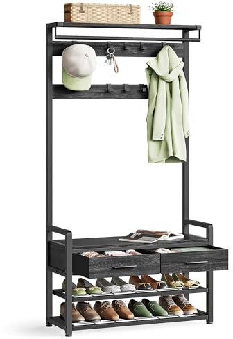 VASAGLE Hall Tree with Bench and Shoe Storage, Hallway Coat Rack with Shoe Bench, 2 Fabric Drawers, 10 Hooks, 30 x 80.4 x 181.6 cm, Stone Grey and Ink Black HSR429B04