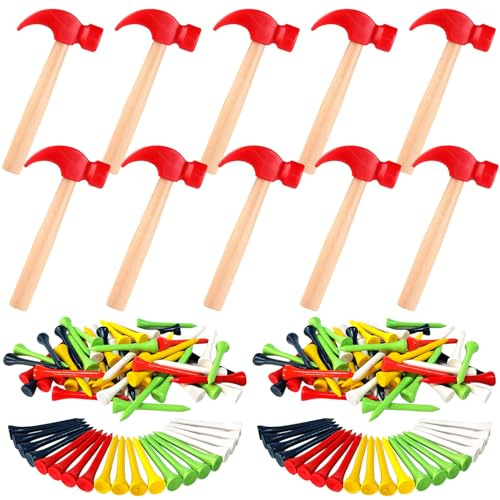 AIHSUMC 10 Pieces Wooden Hammer Toys for Kids with 100 Colorful Wooden Golf T Shirts Small Plastic Hammer Simulation Hammer Educational Toys for Kids