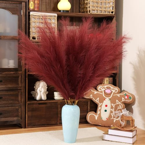 Pampas Grass Decor Tall,Pampas Grandes Florales esponjosas 8 Piezas 110cm,Flores de Plumas largas para arreglo de Boda Boho Sala de Estar (8 Piezas 43/110cm, Rojo Burdeos)