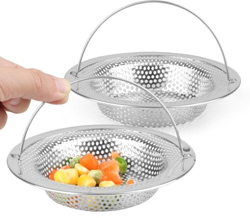 RAFIYU 2 PCS Kitchen Sink Strainer with Lift-up Handle, Stainless Steel Large Sink Sieve Anti Clogging Drain Strainer for Bathroom, Kitchen, Shower Drain Protector（Outer Rim 11cm）
