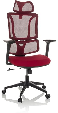 MyBuero Bürostuhl ergonomisch ERGOMY Schreibtischstuhl mit Lordosenstütze, Kopfstütze, Chefsessel Drehstuhl mit Netz-Rückenlehne, Stoff Rot