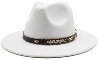 NOAMED Fengyan Hats Herbst- und Wintermütze, Wollmütze, 7 cm, große Krempe, flache Krempe, Jazzhut, britischer Gentleman-Filzhut, weiß, Large(58-60cm)