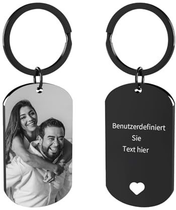 Customaster Personalisierter Schlüsselanhänger mit Foto & Gravur – Edelstahl Foto Schlüsselring mit Name Datum, Individuelles Geschenk für Paare Freundin Freund Valentinstag