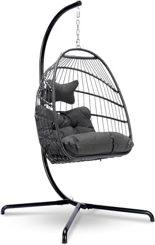 Ogarden Hängesessel mit Kissen Faltbar, Max. Belastung 150kg, Hängesessel Outdoor mit Gestell Körbe, Hängesessel Stabiler Rattan für Garten, Indoor & Outdoor, Terrasse (Braun&Anthrazit Kissen)
