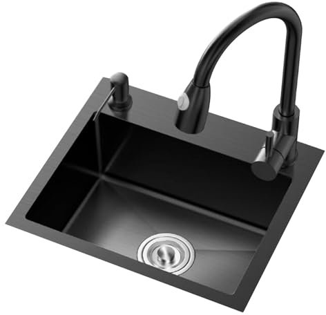 Einzelschüssel, kleines Geschirrspülbecken mit Wasserhahn, Küche, Mini-Handwaschbecken, Bar-Siphon-Spüle, integriertes Einzelbecken-Spülbecken über der Theke (Farbe: schwarzer Stahl, Größe: 42 x 48 x