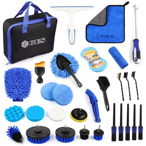 GES Auto-Detaillierungs-Kits, 30 Stück Auto Reinigungsset, Autowäsche Set für Räder, Innenräder, Außen, Leder, Lüftungsschlitze und Armaturenbrett Reinigung (Blau)