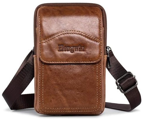 Hengwin Leder Crossbody Umhängetasche mit Reißverschluss - Retro Telefon Holster Gürtel Tasche (Braun)